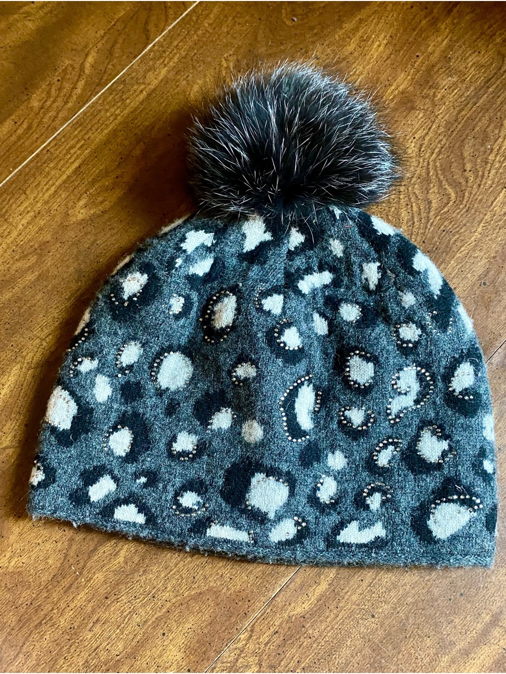 Mitchie’s Leopard Print Wool Hat Charcoal Grey with Fox Fur Pom